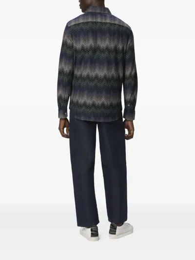 Missoni Mens Chevron Relaxed-fit Cotton-blend Shirt Blue And Green Tones