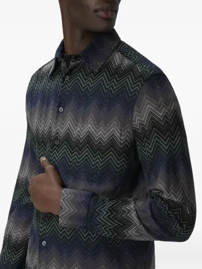 Missoni Mens Chevron Relaxed-fit Cotton-blend Shirt Blue And Green Tones