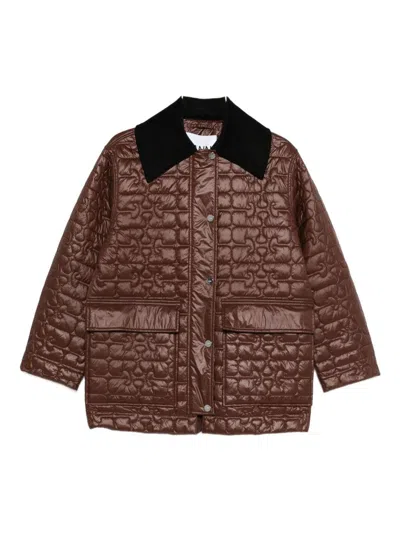 Ganni Shiny Quilt Midi Jacket In Brown