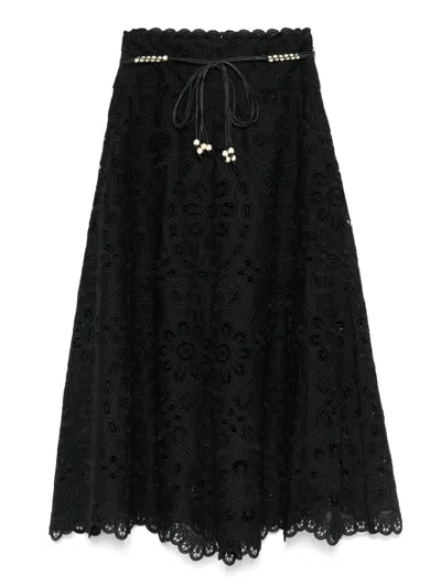Zimmermann Flared Midi Skirt With Embroidered Openwork Design In Black