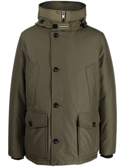 Woolrich Feather Down Padded Parka With Concealed Hood In Green