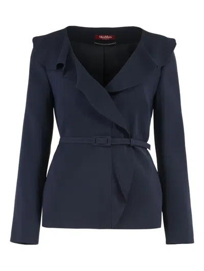 Max Mara Studio Mini Ruffled Cady Jacket With Coordinated Belt In Blue