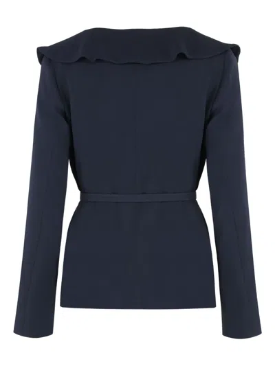 Max Mara Studio Mini Ruffled Cady Jacket With Coordinated Belt In Blue