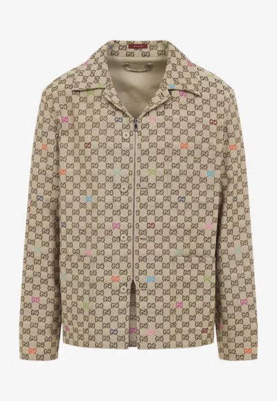 Gucci Beige Shirt With Spread Collar And Two Front Welt Pockets In Gg Canvas Man In Brown