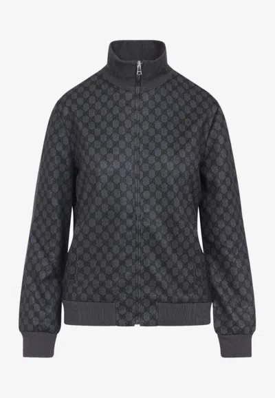 Gucci Grey Sweatshirt With High Neck And All-over Gg Print In Tech Fabric Woman In Gray