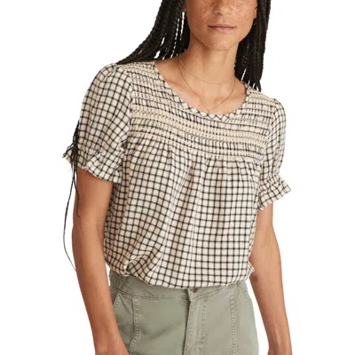 Marine Layer Elena Windowpane Plaid Smocked Yoke Top In Gray
