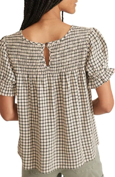 Marine Layer Elena Windowpane Plaid Smocked Yoke Top In Gray