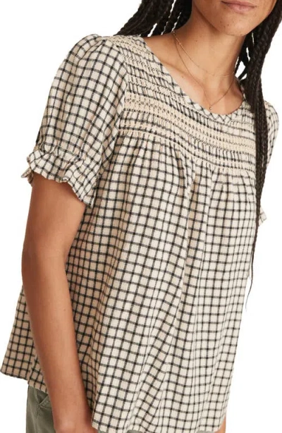 Marine Layer Elena Windowpane Plaid Smocked Yoke Top In Gray