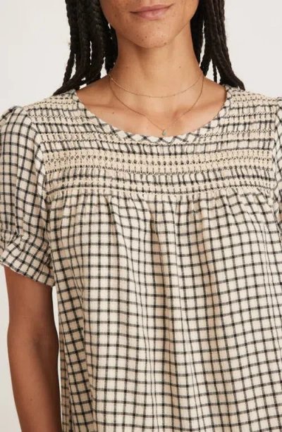 Marine Layer Elena Windowpane Plaid Smocked Yoke Top In Gray