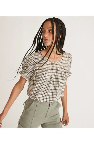 Marine Layer Elena Windowpane Plaid Smocked Yoke Top In Gray