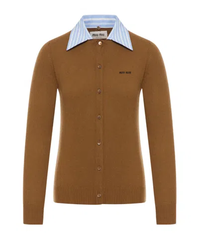 Miu Miu Cashmere Cardigan With Detachable Stripe Collar In Brown