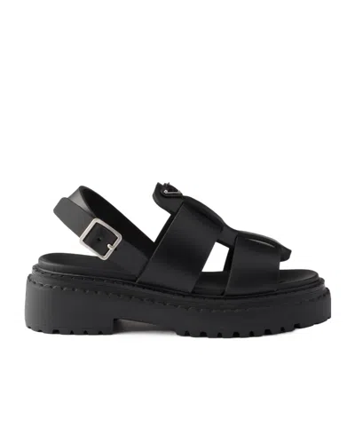 Prada Leather Chunky Sole Sandals With Cross Strap In Black