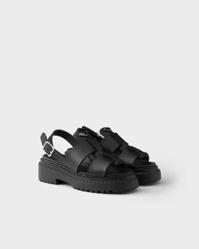 Prada Leather Chunky Sole Sandals With Cross Strap In Black