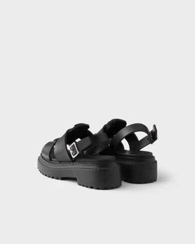 Prada Leather Chunky Sole Sandals With Cross Strap In Black