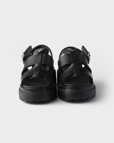 Prada Leather Chunky Sole Sandals With Cross Strap In Black