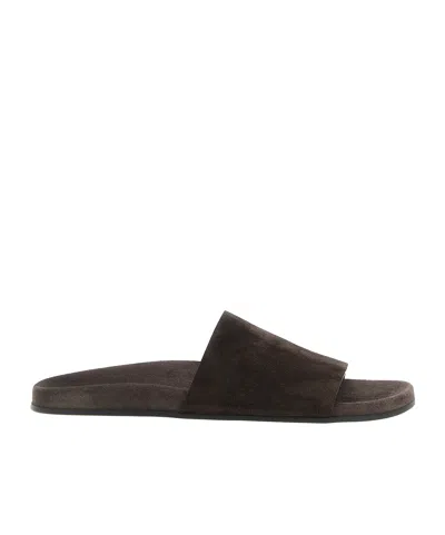 The Row Flat Sole Open Toe Suede Slides In Black