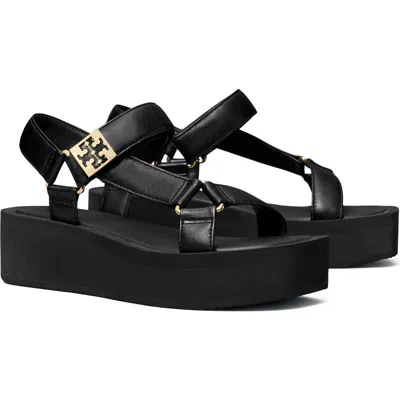 Tory Burch Round Toe Leather Platform Sandals With Ankle Strap In Multi