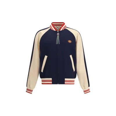 Valentino Wool And Cotton Bomber Jacket With Vlogo And Chat De La Maison Patch In Blue