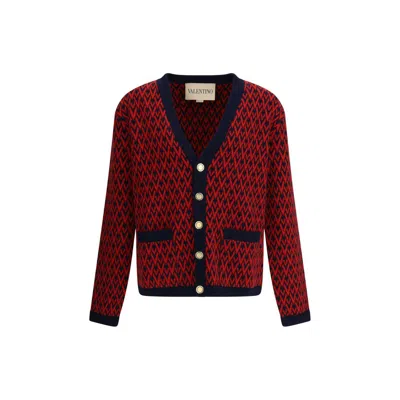 Valentino Toute La V Jacquard Wool Cardigan In Red