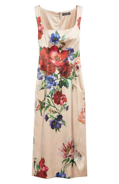 Dolce & Gabbana Flower Print Satin Sheath Longuette Dress In Nude