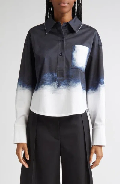 Jason Wu Collection Smudged Button Front Stretch Cotton Canvas Top In Multi