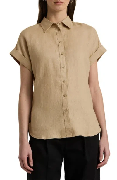 Ralph Lauren Lauren  Short Sleeve Linen Button-up Shirt In Brown