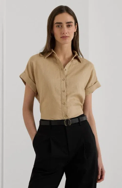 Ralph Lauren Lauren  Short Sleeve Linen Button-up Shirt In Brown