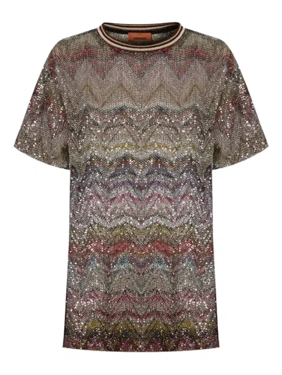 Missoni Short Sleeve T-shirt With Zigzag And Sequins In Multi