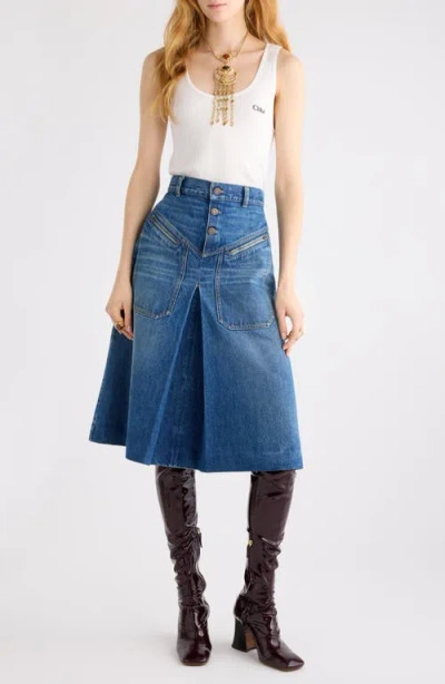 Chloé Button-front Denim Midi Skirt With Patch Pockets In Blue