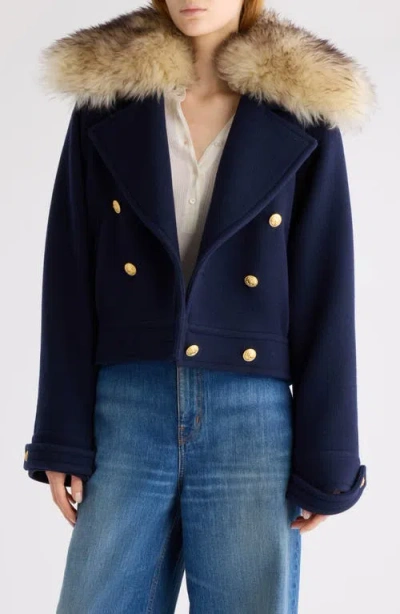 Chloé Double-breasted Fur Collar Gold Buttons Jacket In Blue