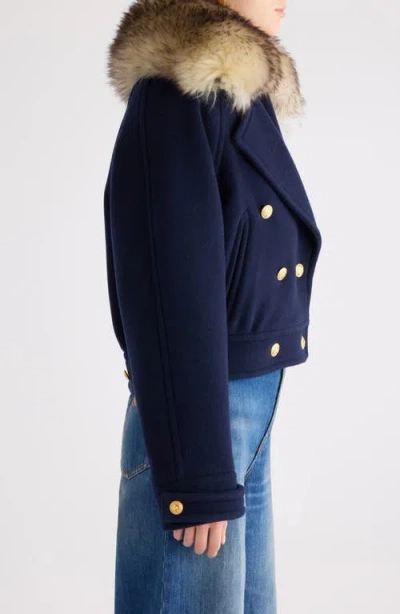 Chloé Double-breasted Fur Collar Gold Buttons Jacket In Blue