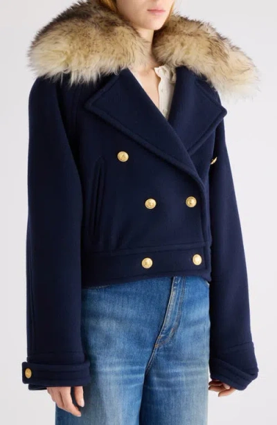 Chloé Double-breasted Fur Collar Gold Buttons Jacket In Blue