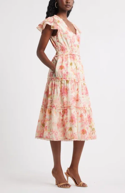 Chelsea28 Flutter Sleeve Tiered Cotton Midi Sundress In Multi