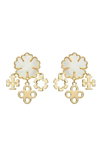 Tory Burch Mother Of Pearl Clover Cluster Drop Earrings In Gold Tone In Gold
