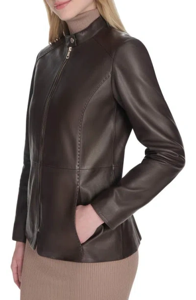 Cole Haan Women's Hand Stitched Detail Stand Collar Leather Jacket In Black