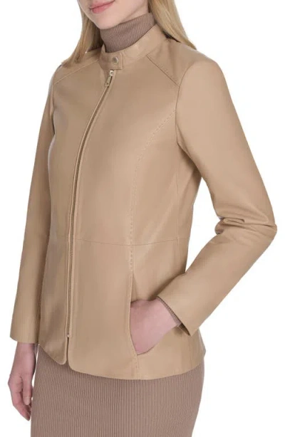 Cole Haan Stand Collar Leather Jacket In Brown