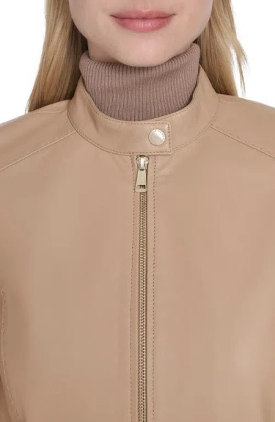 Cole Haan Stand Collar Leather Jacket In Brown