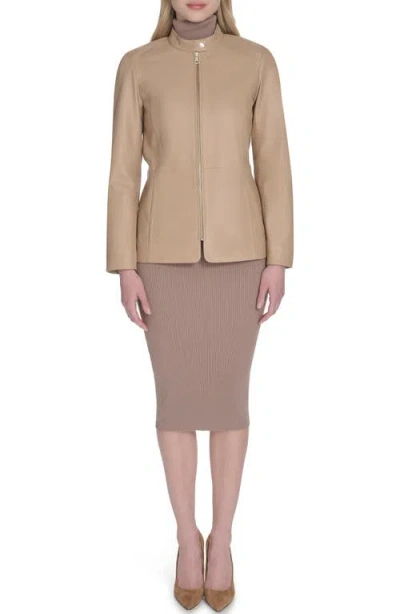 Cole Haan Stand Collar Leather Jacket In Brown