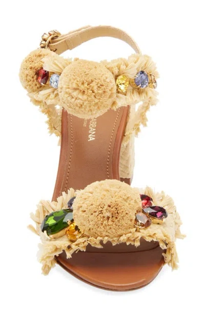 Dolce & Gabbana Raffia Pom Pom Gem Block-heel Sandals In Brown