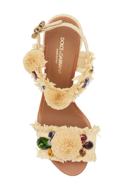 Dolce & Gabbana Raffia Pom Pom Gem Block-heel Sandals In Brown
