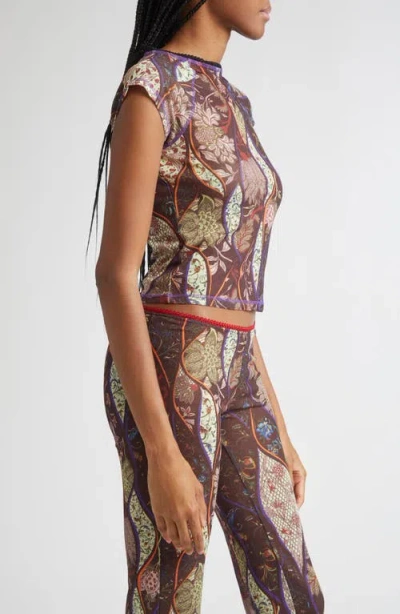 Siedres Floral-pattern Mesh Top In Brown