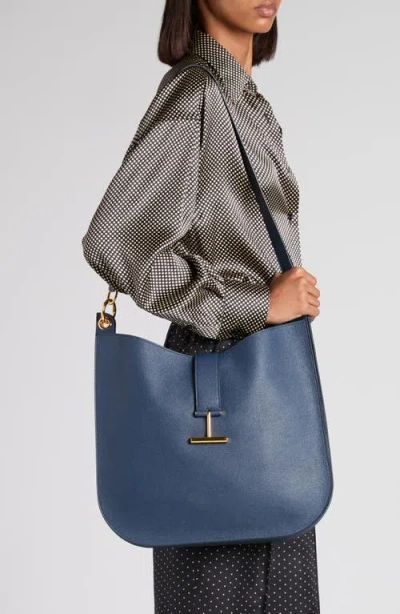 Tom Ford Tara Large Hobo Crossbody In Grained Leather In Blue