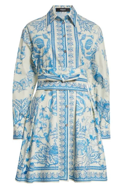Versace Underwater Barocco Mini Shirt Dress In Blue