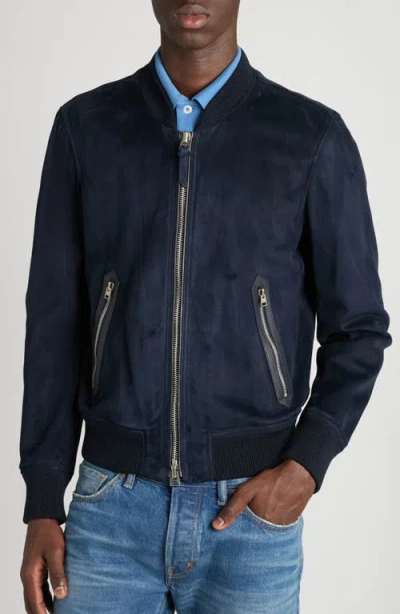 Tom Ford Suede Bomber Jacket In Blue