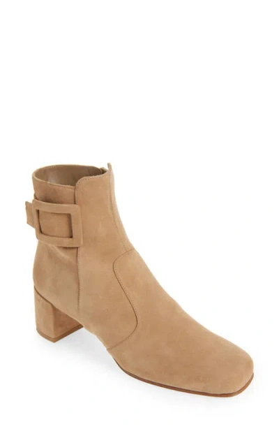 Roger Vivier Suede Buckle Block Heel Ankle Bootie In Brown
