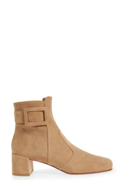Roger Vivier Suede Buckle Block Heel Ankle Bootie In Brown