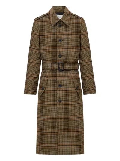 Saint Laurent Long Coat In Prince Of Wales Wool In Brown