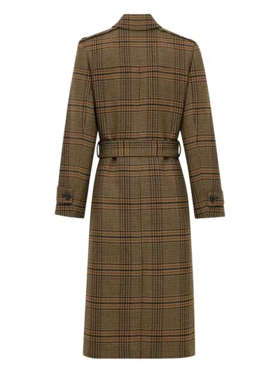 Saint Laurent Long Coat In Prince Of Wales Wool In Brown