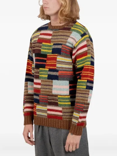 Beams Crew Hand Knit Patchwork Sweater In Black