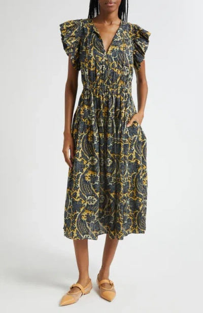 Ulla Johnson Kairi Flutter Sleeve Midi Dress In Luna In Blue